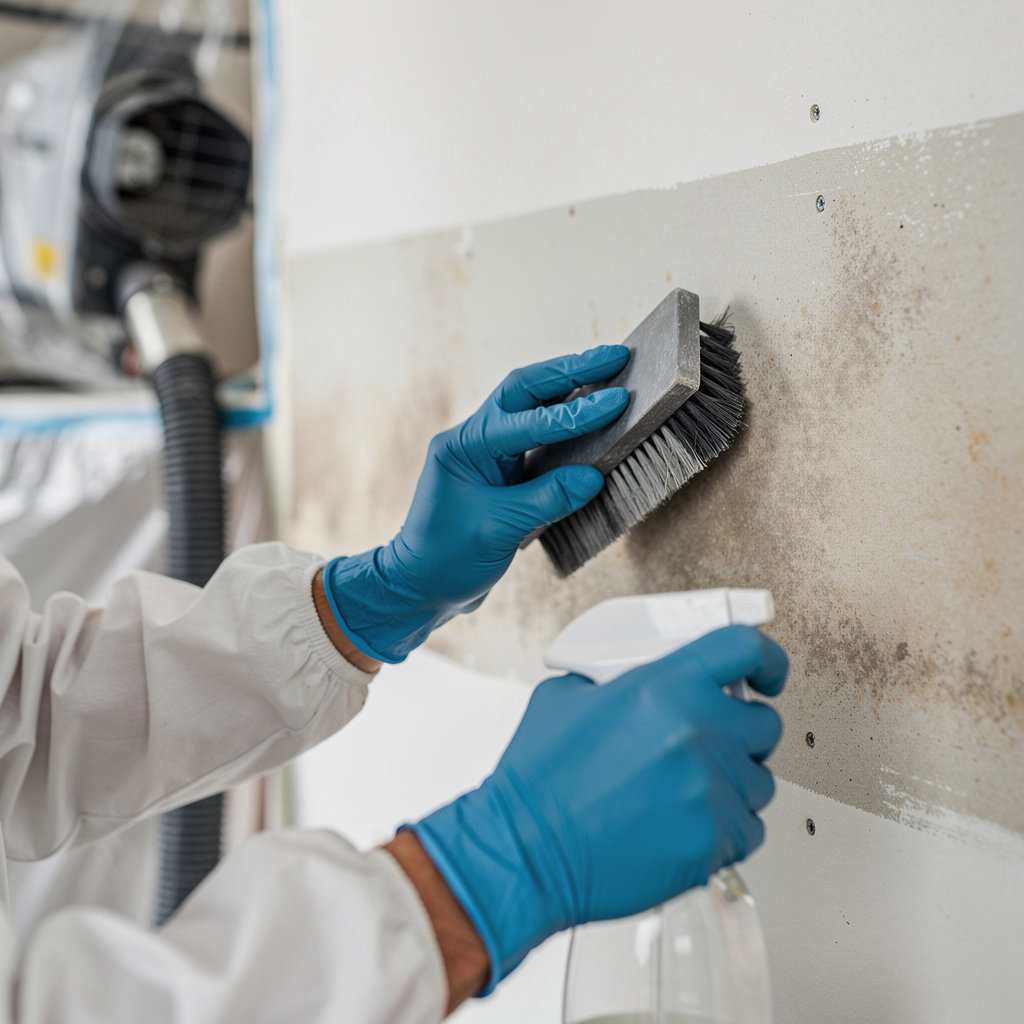 Ambriz Restoration IICRC-certified technician performing safe mold containment and remediation in a Chula Vista home