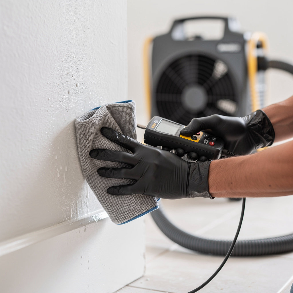 Ambriz Restoration IICRC certified technician performing water damage assessment and drying process in Chula Vista