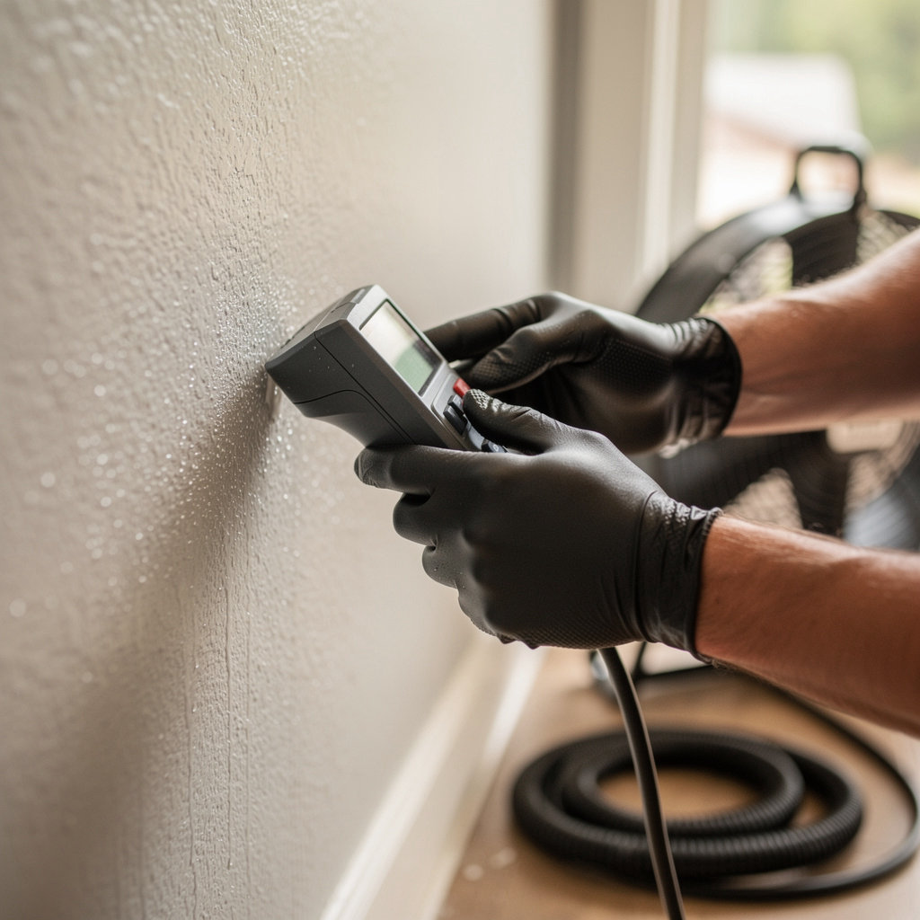 Ambriz Restoration IICRC certified technician performing professional water damage assessment in a Chula Vista home